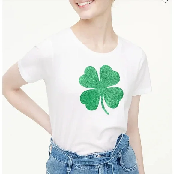 NWT J. Crew White W/Green Glitter Clover Graphic Tee - Picture 5 of 10